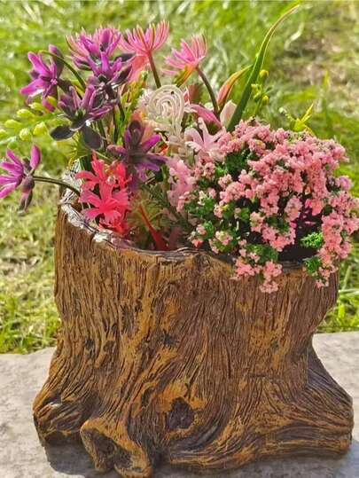 1pc Resin Tree Stump Planter, Faux Wood Carved Succulent Pot, Vintage Style Decor Flower Pot, Outdoor Faux Wooden Planter Container, Suitable For Garden, Lawn Display, Indoor And Outdoor Decoration