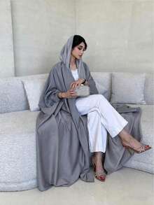 Minimalist Elegant Fashion Soft Glow Batwing Sleeve Abaya - Grey - View 4