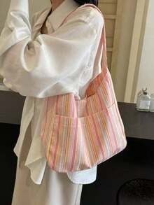 Large Capacity Women's Canvas Tote Bag, Shoulder Bag, Casual Striped Fabric Handbag, Pink - Pink - View 7