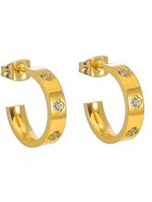 Fashionable Titanium Steel Four-Leaf Flower Rhinestone Earrings, Versatile For Party And Daily Wear - Four-leaf Clover Diamond Earrings - View 3