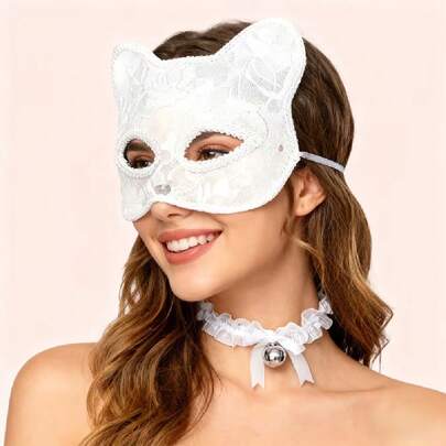 2件套哥特风猫脸面具及铃铛项链 - 黑白蕾丝面具，玫瑰图案，铃铛装饰项链，性感哥特风装扮，适合化装舞会、角色扮演、狂欢派对 - 优雅面具及项链配饰