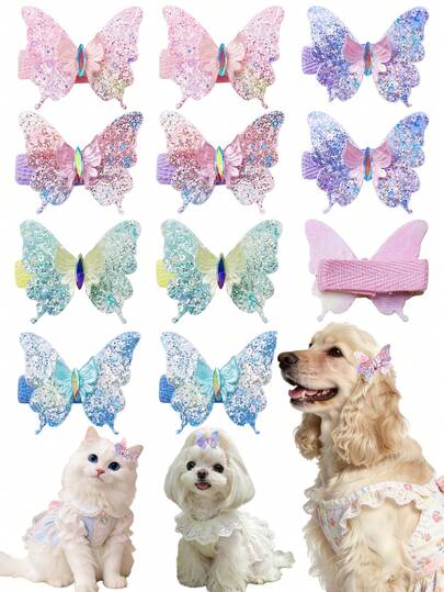 6/10pcs Ombre Glitter Butterfly Pet Hair Clips, Multi-Color Gradient Style, Cute Design For Cats & Dogs, Suitable For Pet Holiday Party, Sweet Style For Puppies & Kittens, Elegant Decoration To Enhance Pet Appearance