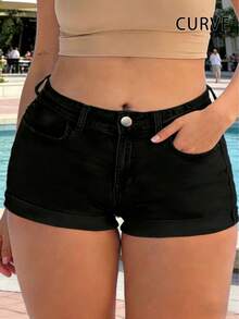 Plus Size Women's Casual Skinny Shorts, Slim Fit, Summer Black - Black - View 4