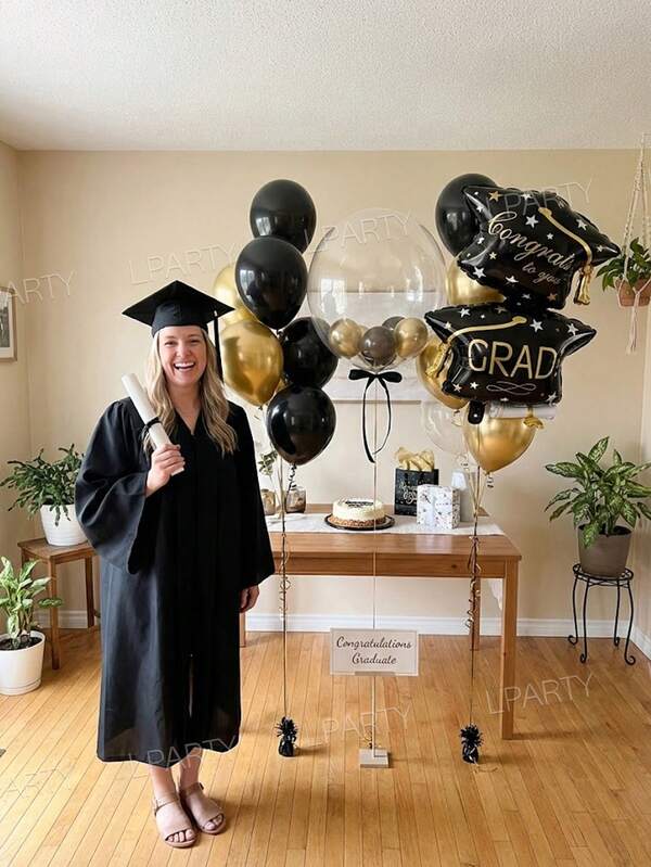 18pcs/Set Graduation Party Decoration Balloon Set, Oversized Black Double-Layer Graduation Cap Shaped Foil Balloon, 18" Clear Bubble Balloons, 10" Black/Gold/Clear Latex Balloons, Suitable For 2026 Graduation Party Balloon Arch Decor Props, 2026 Grad Decorations