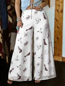 Women's Casual White Vacation Ruffled Elastic Mesh Printed Wide Leg Pants, Spring/Summer - White - View 1