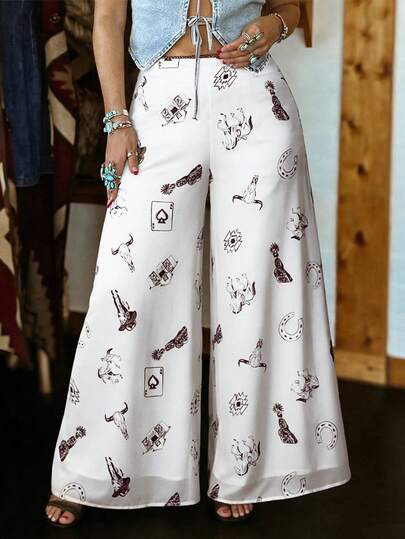 Women's Casual White Vacation Ruffled Elastic Mesh Printed Wide Leg Pants, Spring/Summer