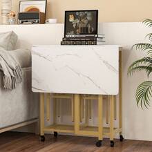 COSTWAY 3 Piece Dining Table Set, Extendable Kitchen Table With 2 Stools, Rolling Dining Room Table Set With 6-Bottle Wine Rack, Shelves & Side Pushing Handle, Folding Breakfast Table Set For Small Space, White - White - View 3