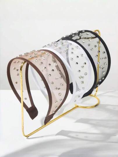 1pc Women's Fashionable Elegant Mesh Beaded Rhinestone Wide-Brimmed Hollow Headband Hair Band Diadema Hair Hoop