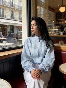 女士浅蓝色蕾丝边波西米亚风衬衫，长袖荷叶边立领纯棉纽扣衬衫，饰有褶裥，宽松版型，灯笼泡泡袖，复古法式风格，休闲通勤皆宜，浪漫 - 淺藍色 - 查看 5