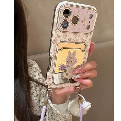 Ốp lưng điện thoại hình chú thỏ tím hoạt hình cầm hoa có gương, phù hợp với 17 Pro Max, Apple 17 Pro, màn hình lớn, 16 inch cá nhân hóa, 15 inch sáng tạo, 14 inch nữ tính, 13 inch mới, 16 Pro Max, 16 Pro