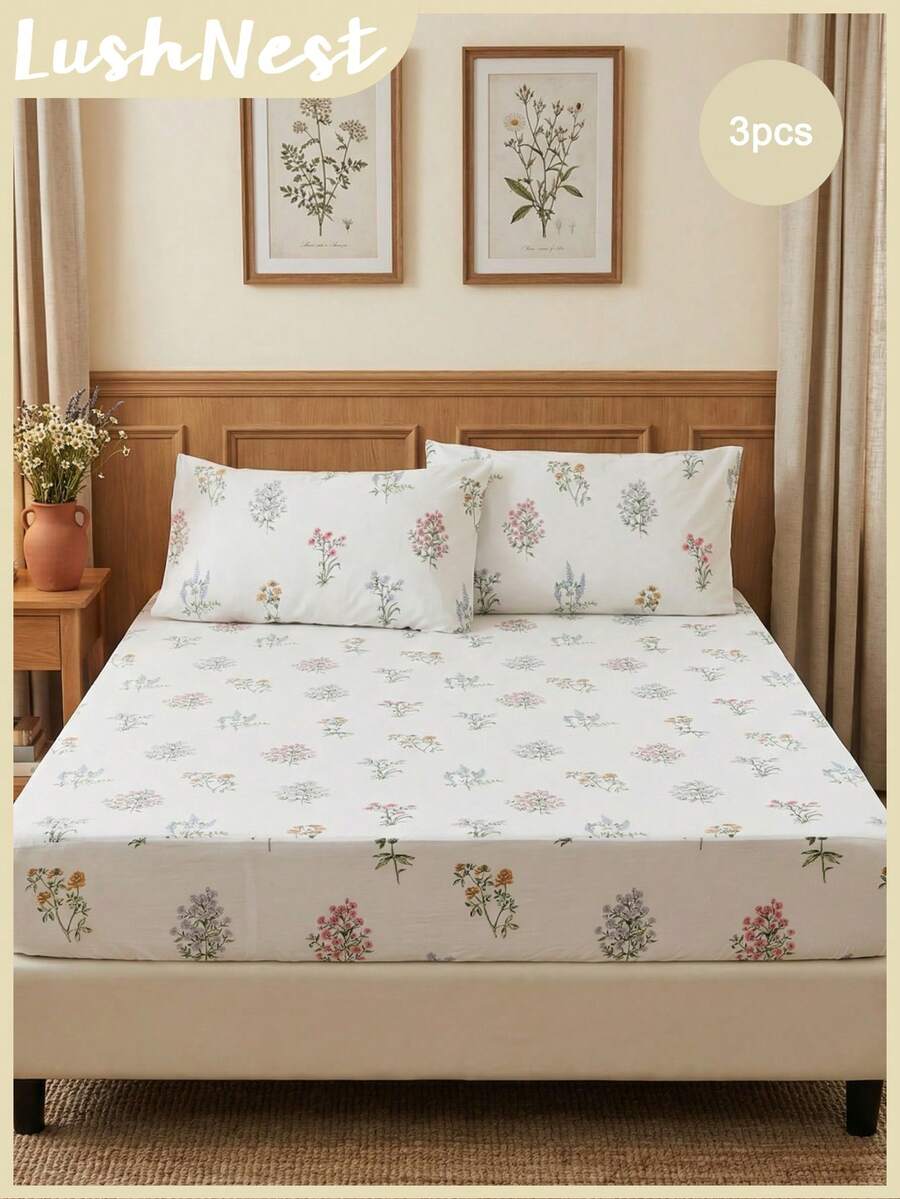 3 Stücke Baumwoll-Bettwäsche-Set mit Ditsy-Blumenmuster, bestehend aus 1 Spannbettlaken + 2 Kissenbezügen, in den Farben Lila, Rosa und Gelb, geeignet für Schlafzimmer und Studentenwohnheim, perfektes Geschenk für Feiertage und alle Jahreszeiten, weich und hautfreundlich, Wohnessentielle im amerikanischen Landhausstil