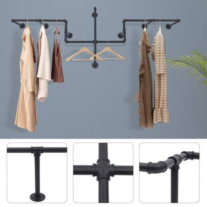 Industrial Pipe Clothing Rack, Wall Mounted Garment Hanging Bar, Iron Commercial Clothes Hanger, Garment Display Rack For Retail, Black/Gold