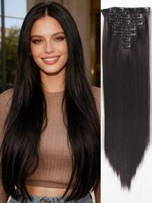 7pcs/Set 18-32 Inch Clip-In Synthetic Hair Extensions, Thick & Natural Looking Black Hair Pieces - Black Brown - View 2