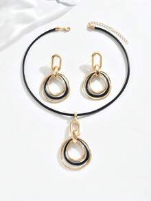 1 Set de Aretes Geométricos Huecos Colorblock y Collar a Juego, Adecuado para Fiestas y Uso Casual de Mujeres - Oro y negro - Ver 2