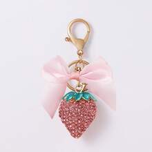 Girl's Heart-Shaped Rhinestone Strawberry Keychain, Alloy Paved Rhinestone Bow & Lobster Clasp Pendant, Sweet Fashionable Bag Charm, Popular Small Gift - Multicolor - View 14