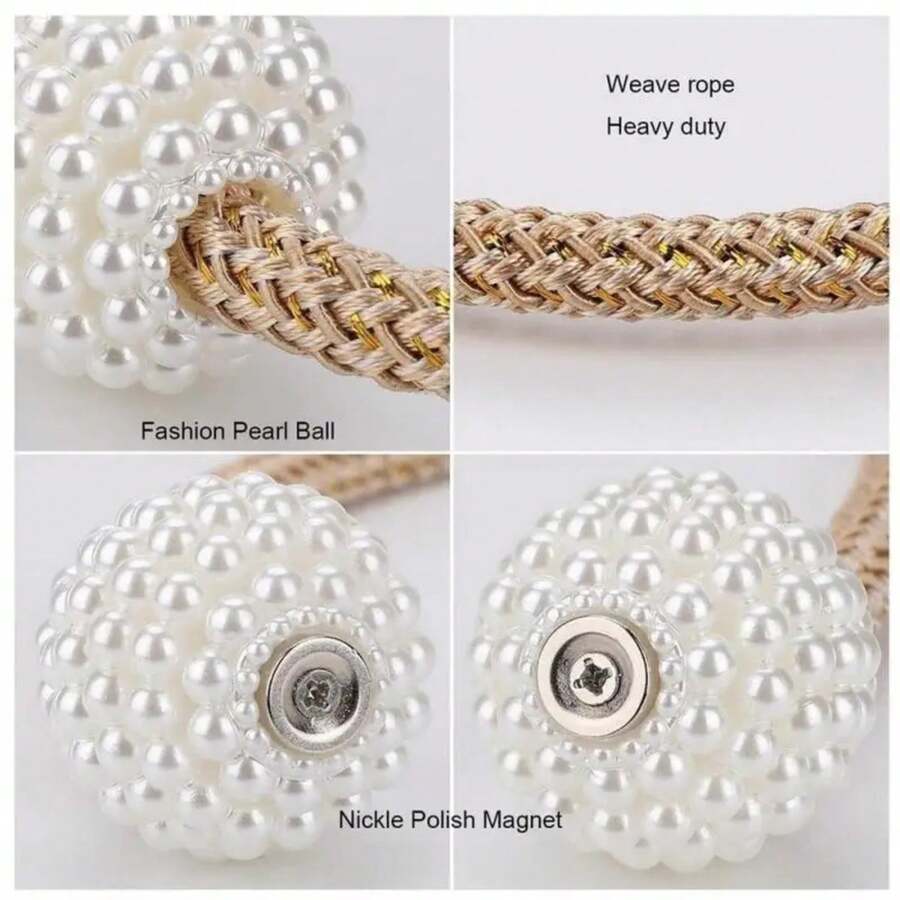 2/4 piezas de abrazaderas magnéticas para cortinas con perlas, sujeciones para cortinas, hebillas de sujeción con bola colgante, accesorios decorativos para cortinas. - Beige - Ver 1