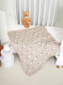 Manta de algodón tejida a mano con patrón de cordero, bordes con volantes, personalizada con nombre de bebé, apta para todas las estaciones - Camel - Ver 6