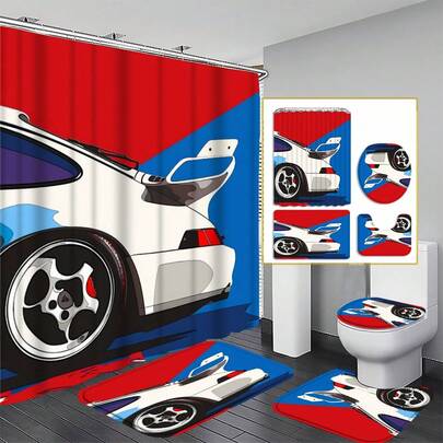 1/3/4 件套浴室帘套装，超酷赛车图案浴帘，带 12 个挂钩，浴室装饰帘，防滑浴室垫马桶座套套装，可水洗面料，适用于浴室、房车、节日装饰 - 全年适用，情人节家居装饰