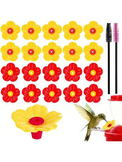 20Pcs Hummingbird Feeder Replacement Flowers Plastic Hummingbird Feeders Parts Pet Bird Feeder Replacement For Outdoors Hanging Feeders Feeding Ports With 2 Cleaning Brush