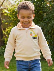 Toddler Baby Boy Easter Sweatshirt Bunny Carrot Embroidered Long Sleeve Half Zip-Up Collared Pullover Tops For Spring Fall - Khaki - View 6