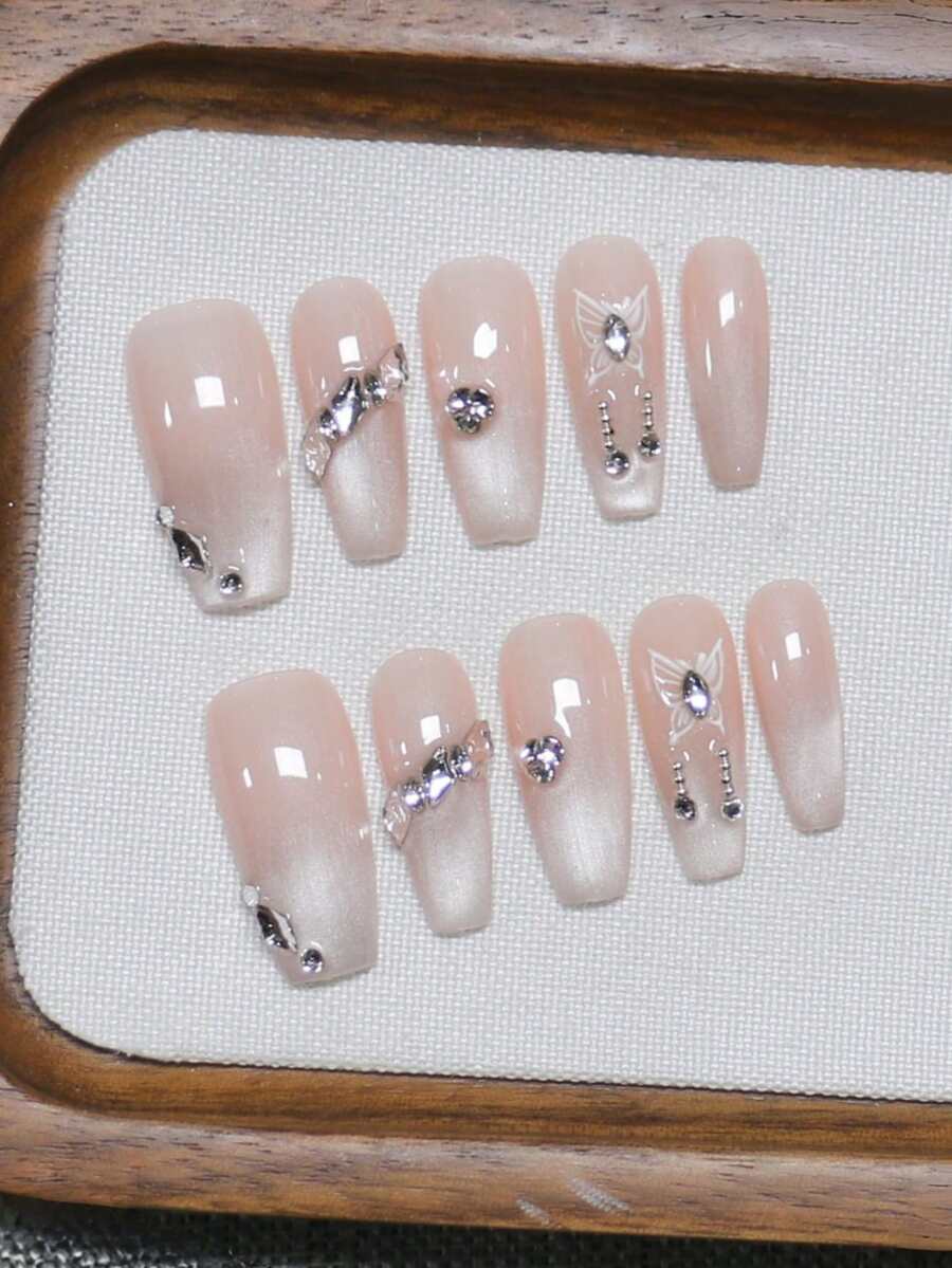 10pcs Handmade Nails Coffin Nails Acrylic Press On Nails Medium, Gentle Pink Nails, Flashy Cateye, Butterfly Nail Sticker Nail Gems Charms Small Rhinestone Diamond Inlaid, Asymmetric Lines, Simple Edgy Elegant Simple Spring Nails, Summer Press On Nails, Party Daily & Dating Use Beach Tropical Getaway Suitable, DIY False Nail Art Suitable For Women & Girls As Gift Nail Supplies Handmade Press On Nails - Multicolor - View 1