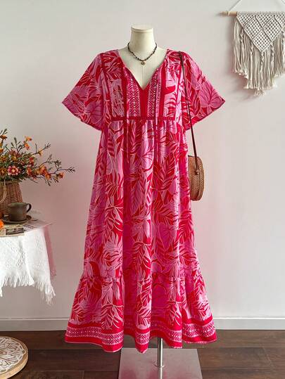 Rusttydustty Plus Size Women's Bohemian Vacation Vintage Pink Loose Short Sleeve Maxi Dress
