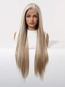 30" 13x4 Glueless Lace Front Wig, Long Ash Blonde With Highlights Long Straight Synthetic Wigs For Women, Heat Resistant Fiber For Daily Wear - 金色 - 查看 2