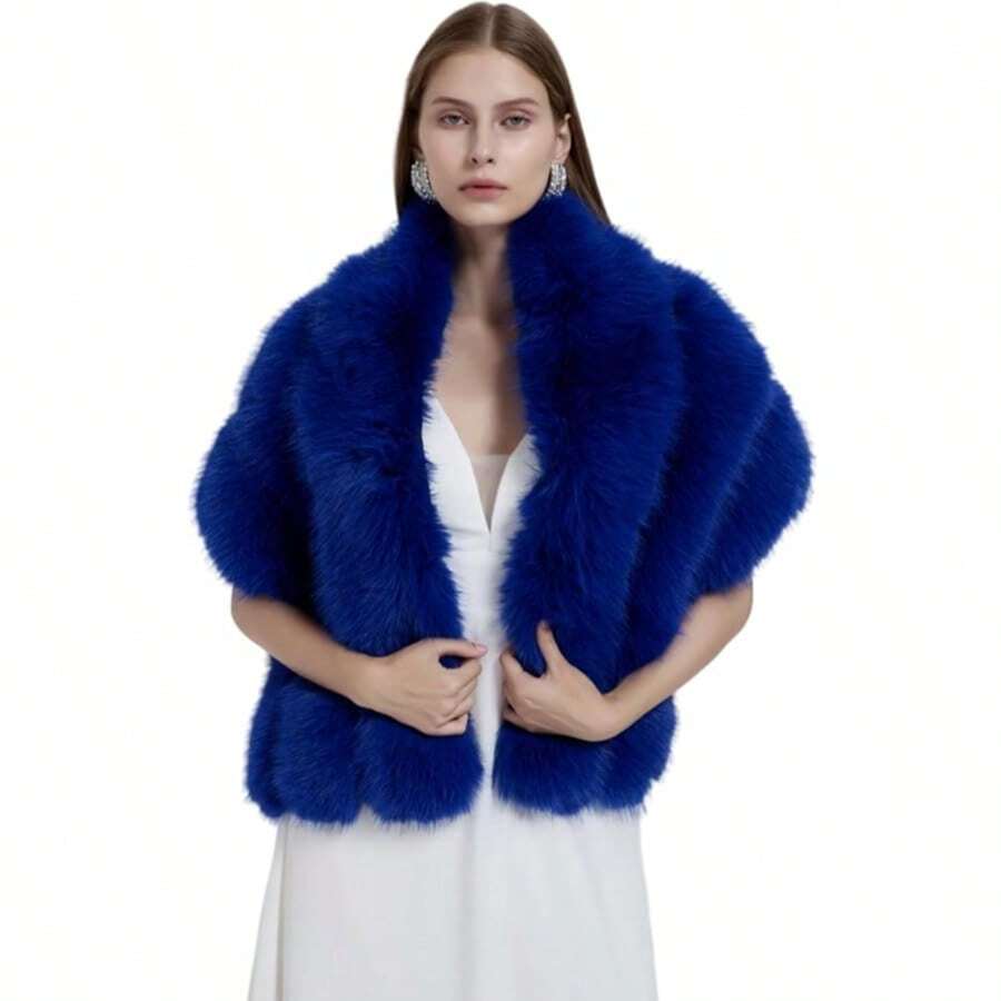 1  Elegant    Polyester    Women Long Shawl Cloak Cape   Winter  Warm   Faux Fox Fur  For Party - Blue - View 1