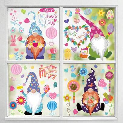 1/9 Sheets Mother's Day Window Stickers Double-Sided Heart Flowers Gnomes Pattern Decorative Window Clings Reusable Mothers Day Static Cling Holiday Window Decals For Mother's Day Decorations Home Glass Shop Decoration