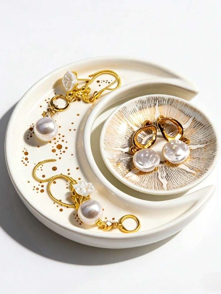 2pcs Creative Ceramic Moon & Sun Jewelry Tray, Earring Ring Necklace Display Holder, Desk Organizer, Perfect Birthday Gift For Home Storage - Multicolor - View 3