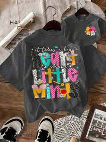 Women's Summer Casual T-Shirt, Y2K Letter & Car Print Round Neck Short Sleeve Crew Neck Tee For Holiday, Vacation, Spring Festival & Graphic Summer - 深灰色 - 查看 7