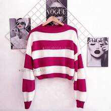 SJD MODA LADY Striped Sweater Knit Modal Off Shoulder Super Autumn Winter Korean Style Best Fabric - Stripe Rose Red White - View 2