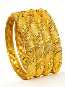 1件24K镀金手镯，中东时尚开口手镯，奢华新娘婚礼派对配饰，非洲/尼日利亚 - 金色 - 查看 1