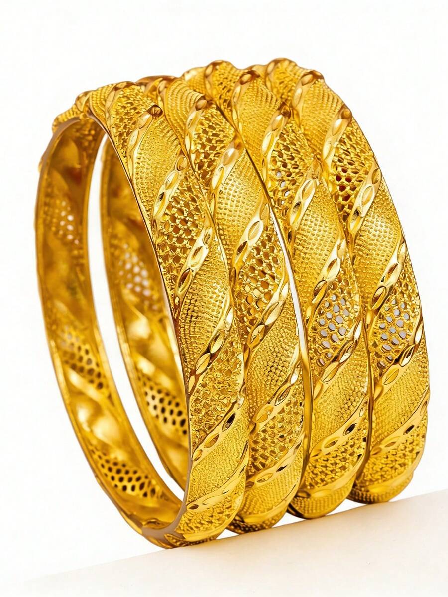 1件24K镀金手镯，中东时尚开口手镯，奢华新娘婚礼派对配饰，非洲/尼日利亚 - 金色 - 查看 1