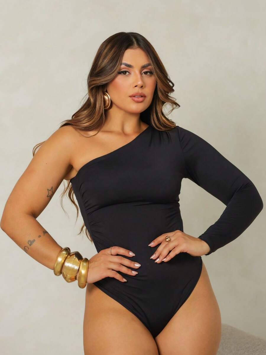 Priscila Asymmetrical Long Sleeve Swimsuit - Black - View 1