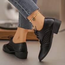Women's Summer New Thick Heel Mesh Patchwork Versatile Retro Hollow Lace-Up Shoes - Black - View 1