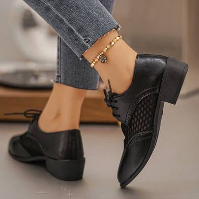 Women's Summer New Thick Heel Mesh Patchwork Versatile Retro Hollow Lace-Up Shoes
