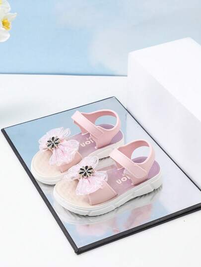 1 Pair Girls' Solid Color Bow Decor Casual Versatile Flat Sandals