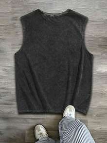 Sleeveless Printed Oversized T-Shirt, Y2K Style Street Fashion Men's Washed Vest (220g Pure Cotton), Vintage Pattern Fun Print, Hip-Hop Style, Men's Summer Round Neck Short-Sleeved Casual T-Shirt, Men's Summer Streetwear. - 黑色 - 查看 2