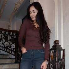 Autumn New Lace Trim V-Neck Long Sleeve Fitted Tee, Sexy Style Spring - Coffee Brown - View 2