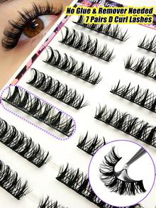 7对自粘式D型卷翘俄式假睫毛，无需胶水可重复使用，8-15毫米粗猫眼睫毛 - 黑色 - 查看 2