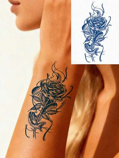 1pc Small Size Temporary Waterproof Tattoo Sticker With Snake & Floral Pattern, Blue Body Art Tattoo, Lasts 7-14 Days, Covers Scars, For Chest, Waist, Wrist, Shoulder, Neck, Ankle Or Back, Suitable For Party, Gift, Vacation, Easy To Apply And Remove