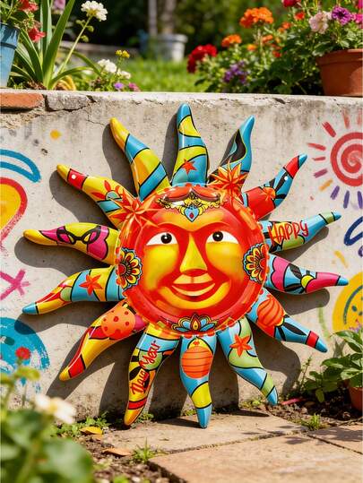 1件装彩色墨西哥快乐太阳金属墙饰 - 波普艺术风格微笑太阳装饰，防水，可悬挂于客厅、阳台、庭院、花园和门廊等户外场所，是斋月和夏季派对的理想礼物