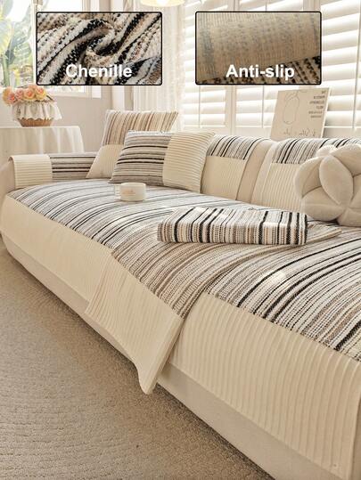 1pc Solid Color Chenille Sofa Cover, Ins Style Sofa Cushion, High Density Thickened Design For All Seasons, Sofa Protector Anti-Slip Anti-Scratch For Living Room Bedroom Study, Fits 1/2/3/4 Seater Sofa With Armrest & Backrest