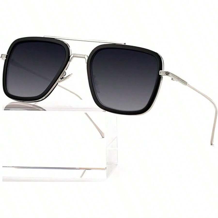 Tony Stark  Vintage Square Metal Frame Eyeglasses For Men Women -  And Edith - C7-silver Frame-yellow Film - View 1