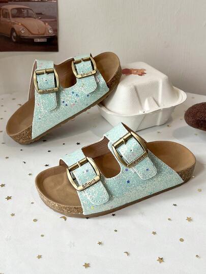 Glitter Kids Slide Sandals - Faux Suede Material And Soft Cork Sole, Comfortable For Indoor And Outdoor