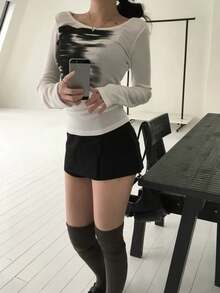 女士复古休闲长袖T恤 - 白色 - 查看 5