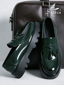 Salkin New Designer Men's Slip-On Loafers, British Style, Soft & Comfortable, Round Toe, Elegant Formal Leather Shoes, Glossy Finish, Green Color, Non-Slip Thick Sole, Suitable For Casual, Dating, Party, Wedding, Spring/Summer/Autumn, Size Runs Small, Please Order One Size Up - Dark Green - View 3