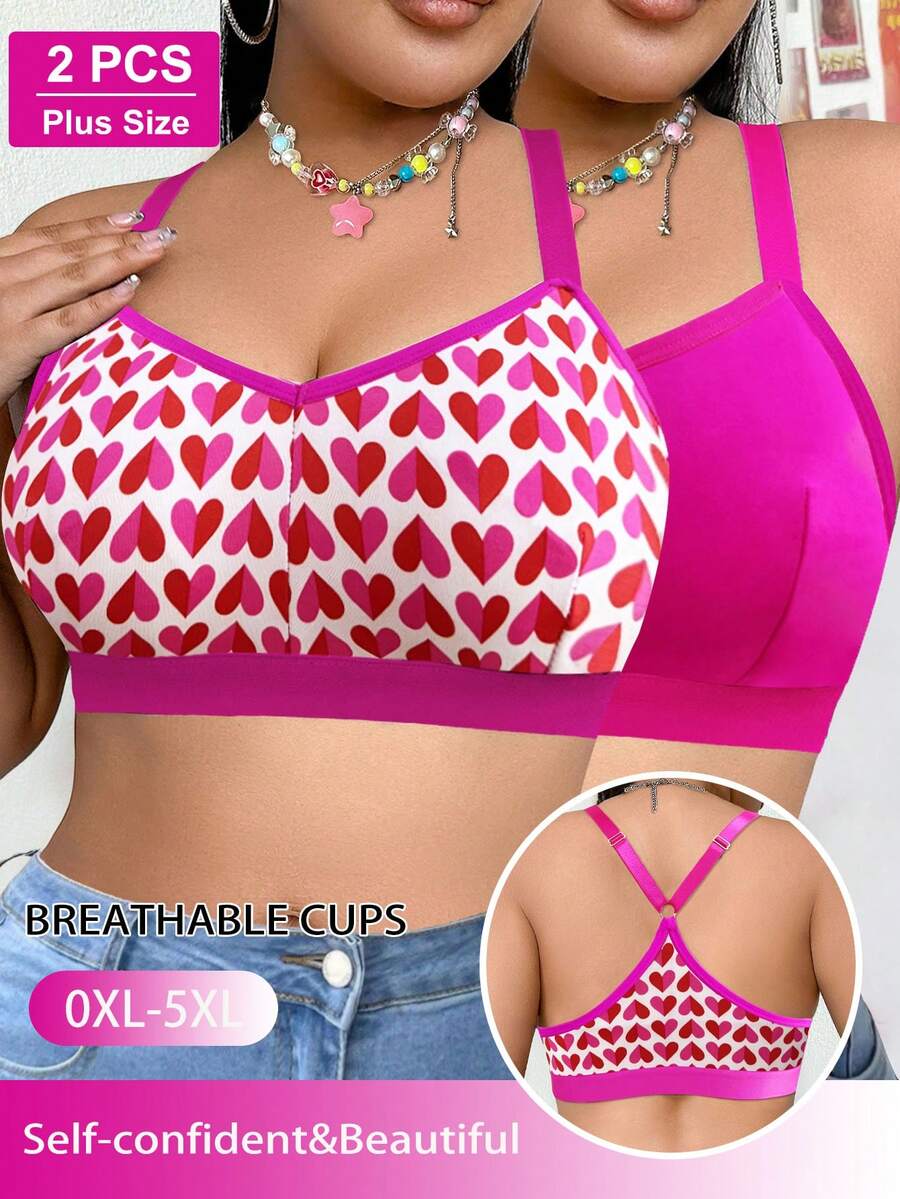 2 piezas Sujetadores inalámbricos suaves y cómodos con parche en forma de corazón para mujer de talla grande - Multicolor - Ver 1