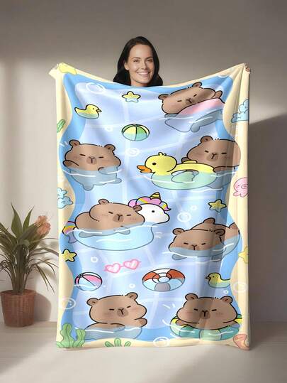 1pc Yellow Capybara Printed Flannel Blanket - Soft & Comfortable, Suitable For Travel, Camping, Sofa, Bedding - Modern Minimalist Print, Comfortable Bedding Accessory For All Seasons, Versatile